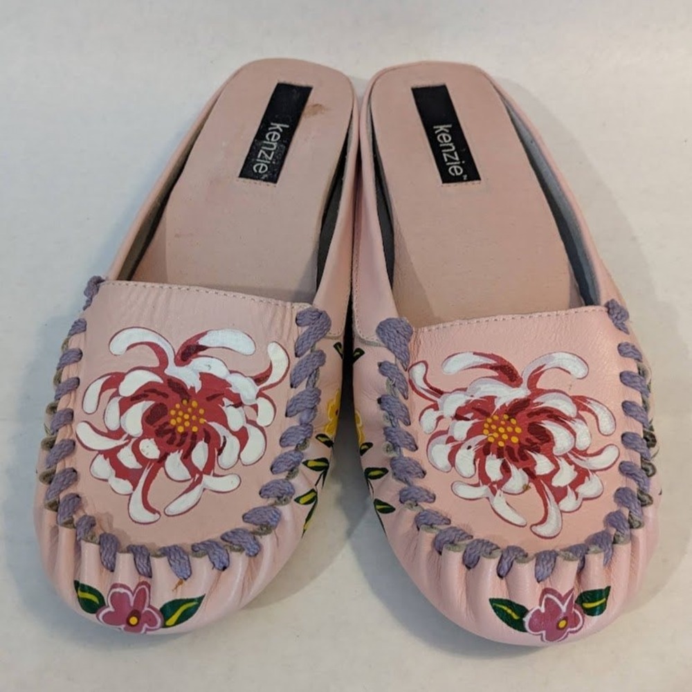 Kenzie Denso Pink Leather Floral Hand Painted Whipstitch Mules Slides Womens 7.5